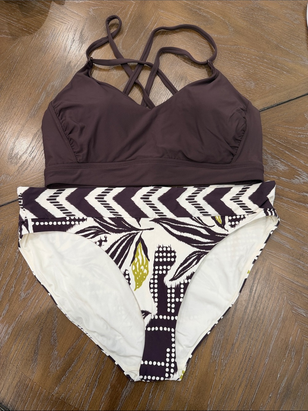 Women’s Two-Piece Swim Set — Dark Plum Top & Printed Bottom